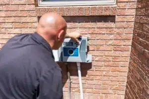 Hunter ICC2 Inspection - ceirrigation.com - ceirrigation.com Man adjusting an outdoor tankless water heater mounted on a brick exterior.